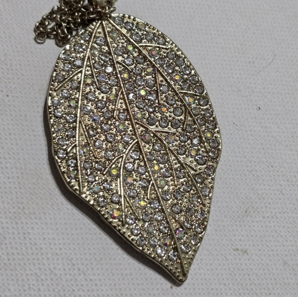 Treska Gold Tone Crystal Pave Leaf Pendant Long Necklace New